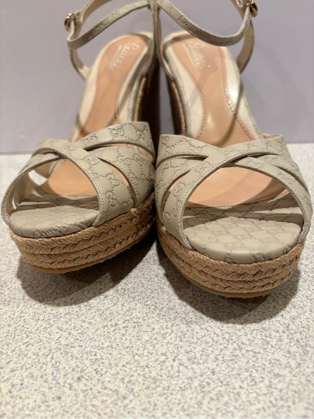 Gucci Beige GG Monogram Espadrille Wedge Sandals Penelope 41.5/11.5 New - Picture 5 of 16